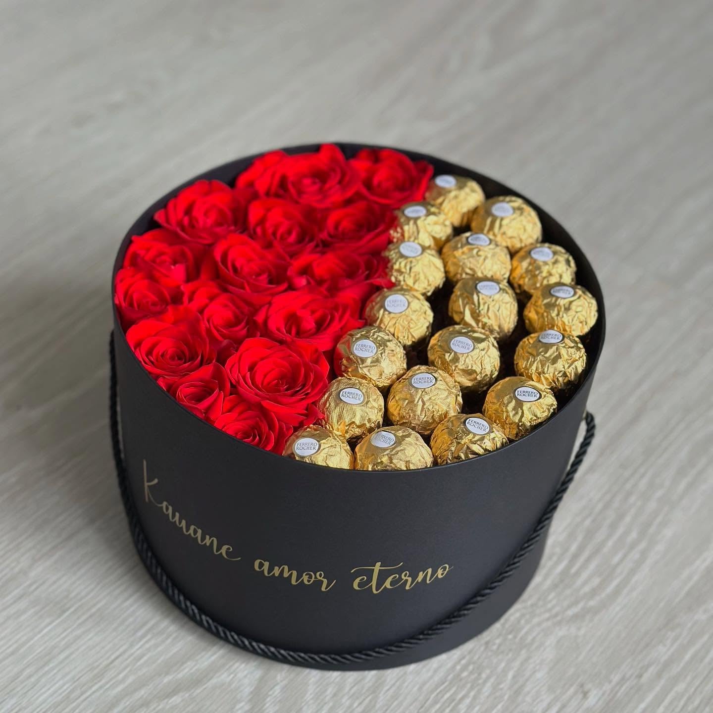 Box redonda rosas e chocolates