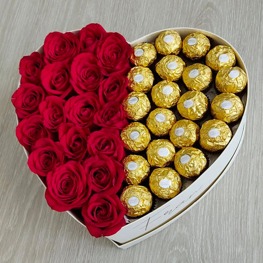 Caixa coração Rosas e Ferrero Rocher